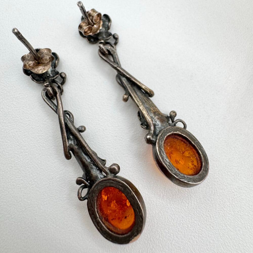 Amber Patina’d Silver Earrings Art Nouveau Style Floral Acid Tested Ornate 4.78g - Picture 6 of 13